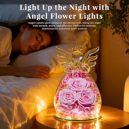 Beferr Valentines Day Rose Gifts for Her Women Mom Gifts for Birthday, Fresh Flowers for Delivery Forever Preserved Rose in Glass Angel Figurine, for Grandma Wife Kids Daughter
