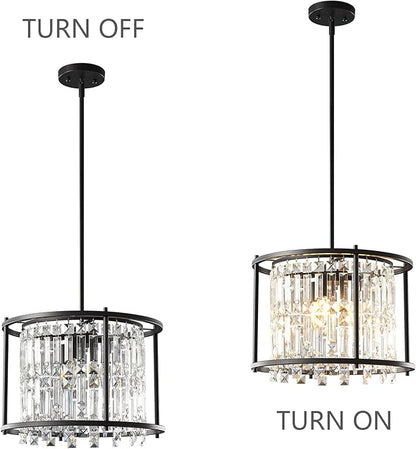 LMQNINE Modern Foyer Chandelier, Black Crystal Chandelier Entryway Pendant Light Fixture, Round Adjustable Height Chandeliers for Kitchen Island, L15.74'' x H10.43''