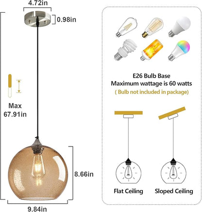 Light Brown Glass Pendant Lights Kitchen Island Globe Pendant Light Fixtures Modern Pendant Lighting for Bedroom Living Dining Room Light Fixture (9.84 in, 3 Pack)