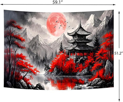 Delur Japanese Forest Tapestry Anime Red and Black Mountain Vintage Moon Nature Tapestry Wall Hanging Tree Sunset Landscape Cherry Blossom Headboard for Bedroom Living Room Home Decor (51.2" x 59.1")