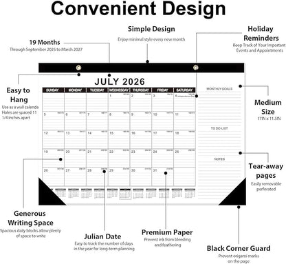 GuassLee Desk Calendar 2026-19-Month Desktop Calendar 17" × 11.5" Academic Paper Planner from Sept. 2025 to Mar. 2027 with Julian Date, Monthly Goals, To-do List, Notes for Home School Office
