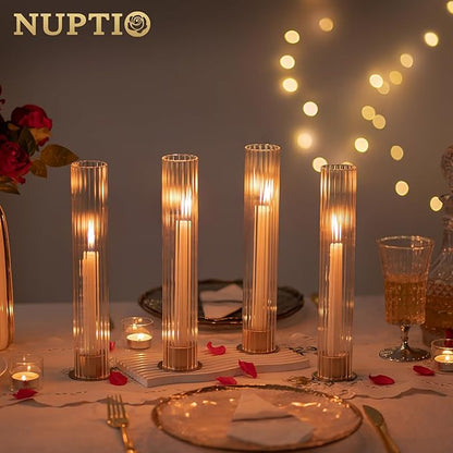 NUPTIO Hurricane Glass Candle Holders: Set of 18 Gold Taper Holders Bulk with Fluted Sleeves - Brass Candlestick Holders for Table Centerpiece Decoration