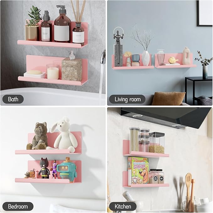 PAVSTINE Adhesive Floating Shelves for Wall No Drilling, 12 Inch Acrylic Self Adhesive Shelves, Stick on Shelves, Dorm Wall Shelf, for Bathroom, Kitchen, Bedroom, Office, Gaming Room, Pink