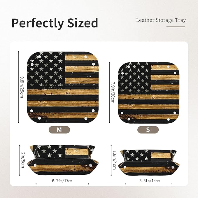 Valet Tray for Men Husband Boyfriend Boys – Catchall Bedside Vanity Tray, Nightstand Caddy Leather Holder for Keys, Phone, Wallet, Coins, Trinkets & Jewelry Wood American Flag 023