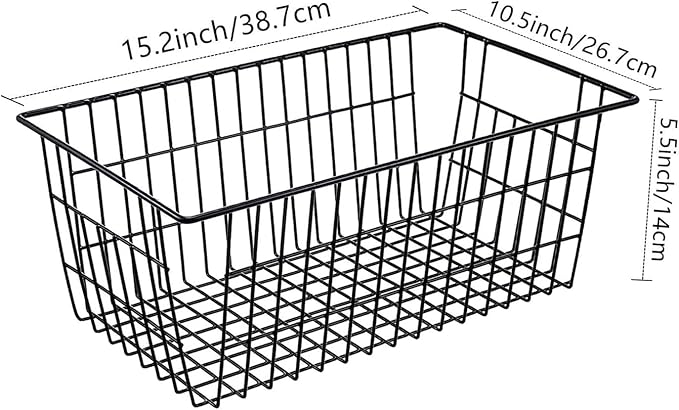 Redrubbit Wire Storage Baskets, Large Farmhouse Metal Freezer Basket Storage Organizer Bins with Handles for Kitchen Cabinets, Pantry, Closets, Bedrooms, Bathrooms, Set of 4, Black