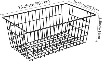 Redrubbit Wire Storage Baskets, Large Farmhouse Metal Freezer Basket Storage Organizer Bins with Handles for Kitchen Cabinets, Pantry, Closets, Bedrooms, Bathrooms, Set of 4, Black