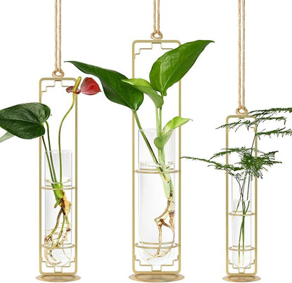 MIPON Plant Propagation Stations,Hanging Glass Propagation Test Tube Vases for Plants with Gold Metal Stand for Hydroponic Cutting Home Garden Office Decor-Gold