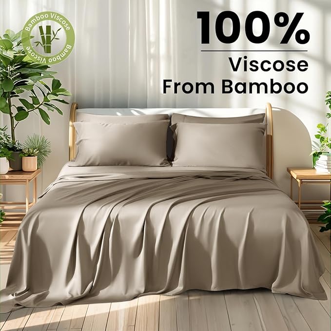 Shilucheng 100% Viscose Derived from Bamboo_ Sheets Queen Size 6pcs - Ultra Cooling & Silky Soft Bed Sheets, 16" Deep Pocket, Perfect for Hot Sleepers, Hotel Bedding Sheets (Simply Taupe)