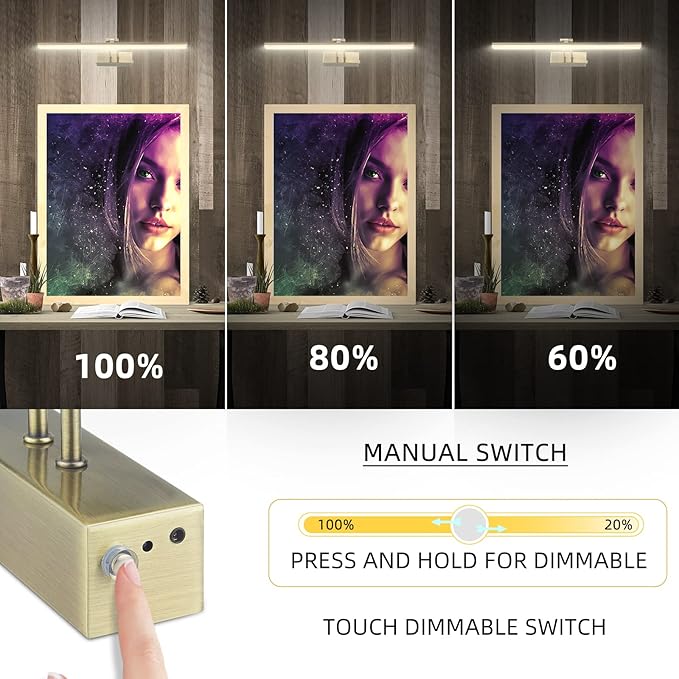 FUNCHDAY Picture Light,Battery Art Lights for Wall,Wireless Remote Painting Light with Timer and Dimmable,16”Metal Display Lighting for Artwork,Portrait,Gallery-Antique Brass