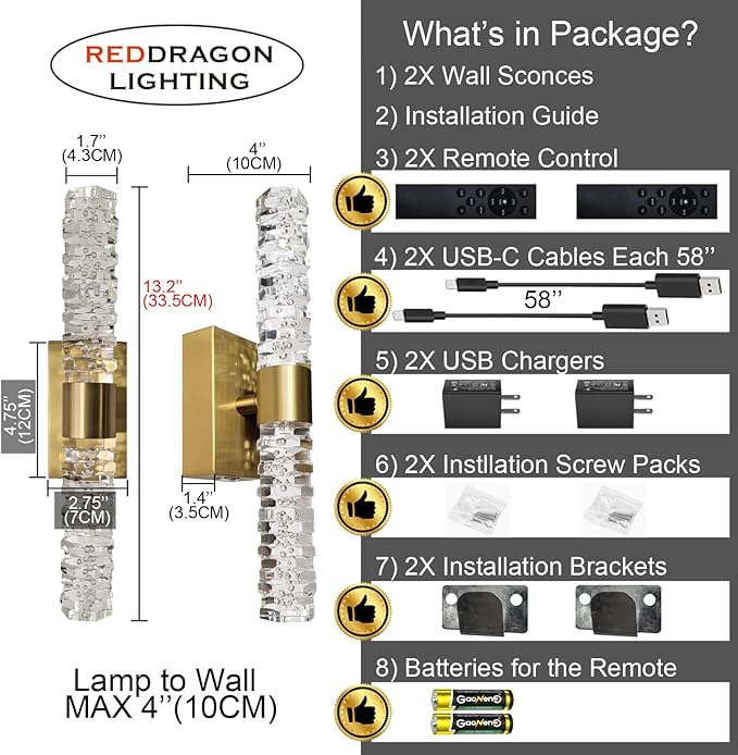 Battery Powered Crystal Wall Lights Set of 2 Rechargeable with Remote and Timmer | Small Gold Crystal Rod Wall Sconces Decor Vanity Lights for Bathroom Living Room Bedroom (2 Pack, Gold, 13.2'')