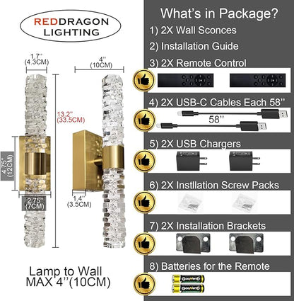 Battery Powered Crystal Wall Lights Set of 2 Rechargeable with Remote and Timmer | Small Gold Crystal Rod Wall Sconces Decor Vanity Lights for Bathroom Living Room Bedroom (2 Pack, Gold, 13.2'')