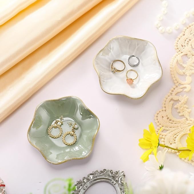 8 Pcs Ceramic Trinket Dish Lotus Leaf Jewelry Tray Small Ring Dish for Earrings, Rings, Jewelry Holder, Key Bowl(White,Green)