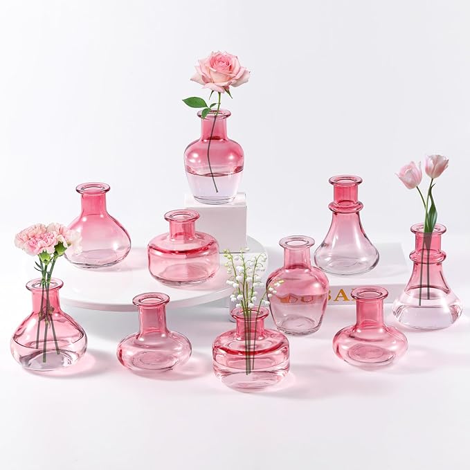 Pink Gradient Glass Bud Vase, 10Pcs/Set Modern Decorative Small Mini Flowers Vases, Minimalist Aesthetic Home Decor Vintage Wedding Table Centerpieces for Single Flower Rose