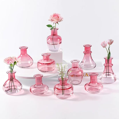 Pink Gradient Glass Bud Vase, 10Pcs/Set Modern Decorative Small Mini Flowers Vases, Minimalist Aesthetic Home Decor Vintage Wedding Table Centerpieces for Single Flower Rose