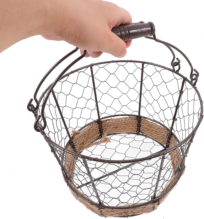 Mobestech Iron Wire Woven Small Storage Basket with Handle, Metal Sundry Organizer for Kitchen Countertop and Desktop, Vintage round Iron Fruit and Bread Holder for Home Storage