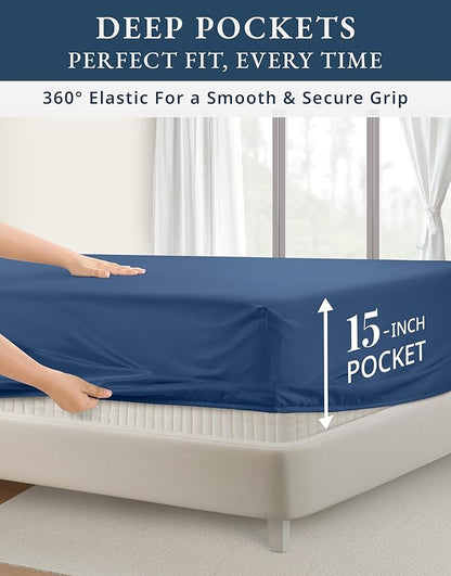 LANE LINEN 100% Egyptian Cotton King Size Deep Pocket Sheet Sets, Soft & Comfy Natural Cooling Mercerized Cotton King Size Sheets Set 15" Deep Pocket - Set Sail