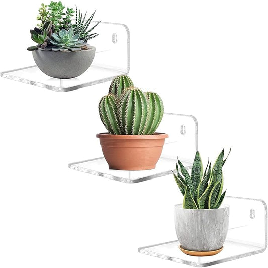 Acrylic Small Shelf,Mini Floating Wall Shelf,Wall Mounted Storage Shelf,for Pop Figures,Plant,Picture Photo Modern Wall for Office Bedroom Living Room,Clear (3 Pack)