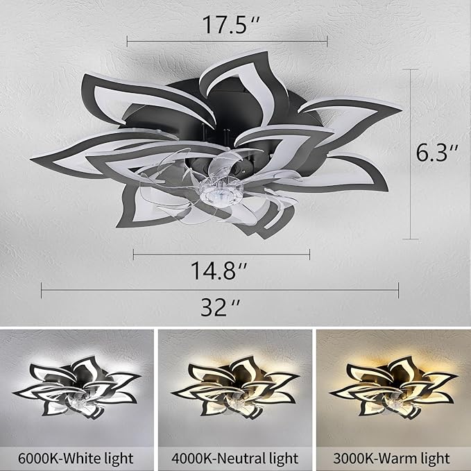 HuixuTe 32" Modern Geometric Ceiling Fan with Lights Remote Control, Black 6 Speeds 3 Colors Low Profile Ceiling Fan with Light for Living Room