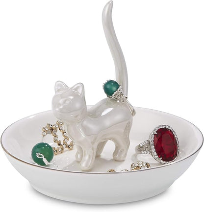 ROSA&ROSE Cat Ring Holder Trinket Tray Ceramic Jewelry Dish Porcelain Ring Organizer Gift for Women, Girlfriend or Valentine's Day (Pearl White)