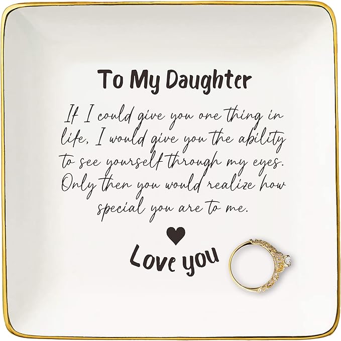 Daughter Gifts from Mom Dad,Birthday Graduation New Year Christmas Gifts for Daughter,Reminder Present,Motivational,Encouraging Present,Ceramic Jewelry Tray Trinket Holder Ring Dish