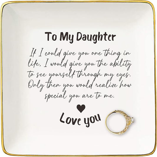 Daughter Gifts from Mom Dad,Birthday Graduation New Year Christmas Gifts for Daughter,Reminder Present,Motivational,Encouraging Present,Ceramic Jewelry Tray Trinket Holder Ring Dish
