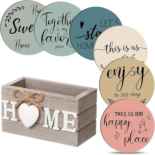 Queekay Coasters Set of 6 House Warming Gifts New Home Wooden Farmhouse Drink Coasters with Holder 4'' Funny Decoration for Kitchen Family Coffee Bar Tabletop Protection(Light Color)