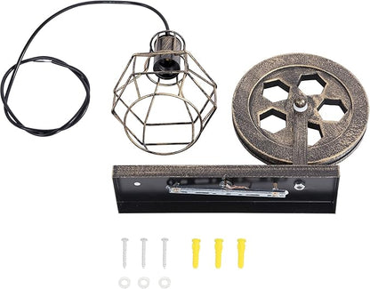 1 Light Fixture Industrial Mid Century Retro Iron Wall Lights Lift Pulley Wall Lamp Features The Matte Iron Cage Lamp Shade for Indoor Lighting Barn Restaurant(Bronze Color)