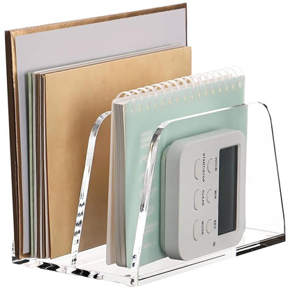 SANRUI Acrylic Mail Organizer for Desk Vertical Letter Holder Clear Bookshelf 2-Slots, Small File Sorter for Bills, Envelopes, Office Supplies, Upright Binder Divider for Home Office School