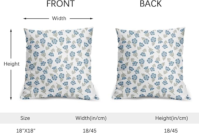 Blue Green Block Print Pillow Covers 18x18 Set of 2 Floral Spring Summer Flower Pattern Decorative Neutral Outdoor Throw Pillowcases Boho Cushion Cover Rustic Decoration Farmhouse Sofa Couch Bed Decor