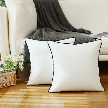 LIGICKY Set of 2 White Velvet Throw Pillow Covers Modern Minimalist Style Solid Decorative Black Rope Edging Soft Square Cushion Cases for Sofa Bedroom Party Décor, 20 x 20 inch