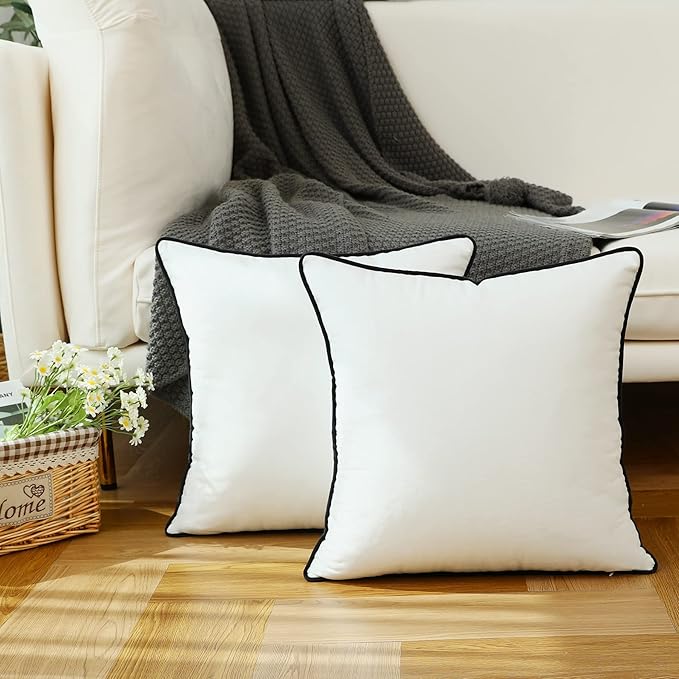 LIGICKY Set of 2 White Velvet Throw Pillow Covers Modern Minimalist Style Solid Decorative Black Rope Edging Soft Square Cushion Cases for Sofa Bedroom Party Décor, 22 x 22 inch