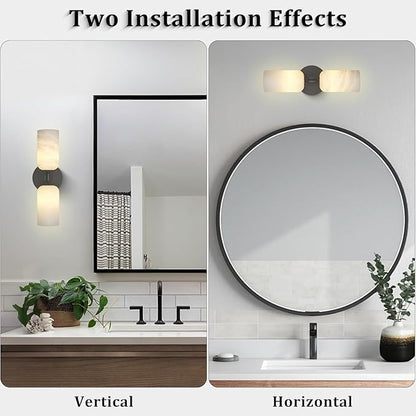 14in Modern Spanish Natural Marble Bathroom Vanity Sconces, Alabaster Wall Sconces Set of Two, Black Alabaster Sconce Wall Lighting, Black Wall Light Fixtures Decor
