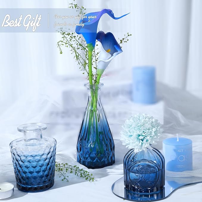 Glass Bud Vase Set of 5, Small Blue Flower Vases for Centerpieces in Bulk, Mini Vintage Vase for Wedding Decor, Single Flowers, and Home Table Décor