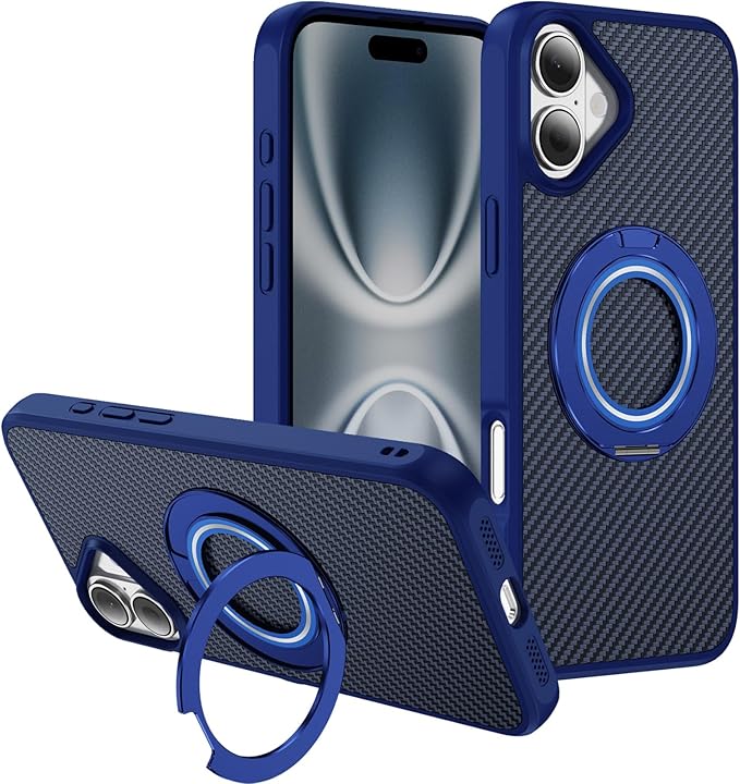 Mag-Stand Carbon Fiber Case for iPhone 17, 360° Rotate Magnetic Stand, Compatible with MagSafe, 15FT Military Protection, Slim Shockproof Magnetic Kickstand Mag Phone Case for Men Women Blue