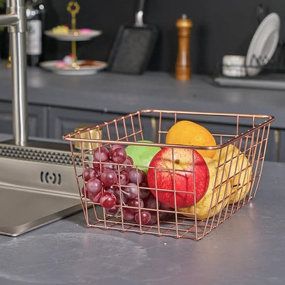 Wire Kitchen Storage Basket 4 Packs,Perfect Pantry Organization Accessories Basket,Laundry Basket,Countertop Organization,Suitable for Kitchen,Bathroom,Bedroom,Tabletop,Stackable,Brown