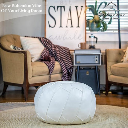 Moderner Faux Leather Pouf Unstuffed Ottoman Moroccan Footstool, Floor Footrest Cushion, Storage Solution - Natural Brown Color (White, Round)