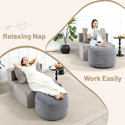 Round Stuffed Pouf Ottoman,Corduroy Foot Rest with Rebound Foam Filled, Furry and Fluffy Foot Stool Ottoman, Floor Poufs for Living Room (Gray, 20" D x 20" W x 15" H)