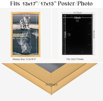 13x17 Frame Gold, Modern 17x13 Picture Poster Frame, Horizontal Vertical Hanging, Ornate 13 by 17 Gallery Family Concert Portrait Photo Frame Anniversary/Birthday/Wedding/Thank you/Christmas Gift