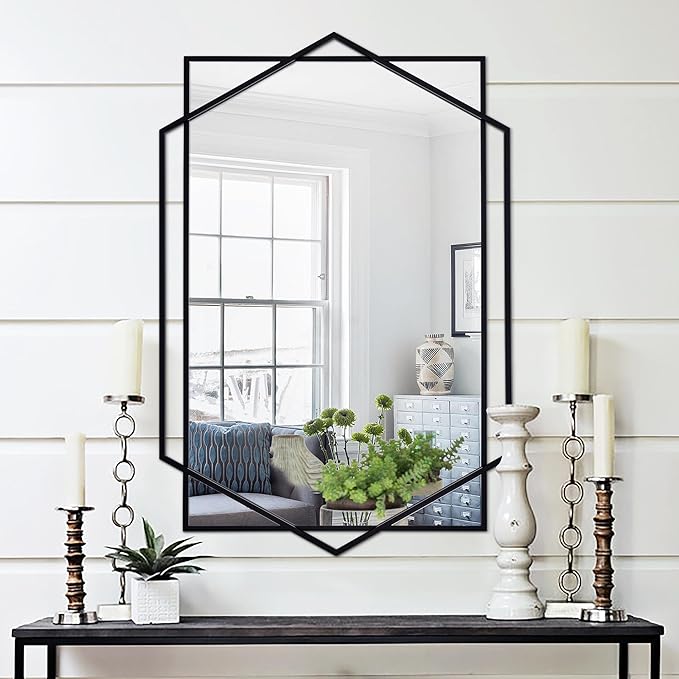 Black Decorative Mirror for Wall Decor, 32"x47" Modern Large Living Room Mirror with Hexagon and Rectangular Metal Frame for Bathroom, Entrance, Bedroom, Dining Room