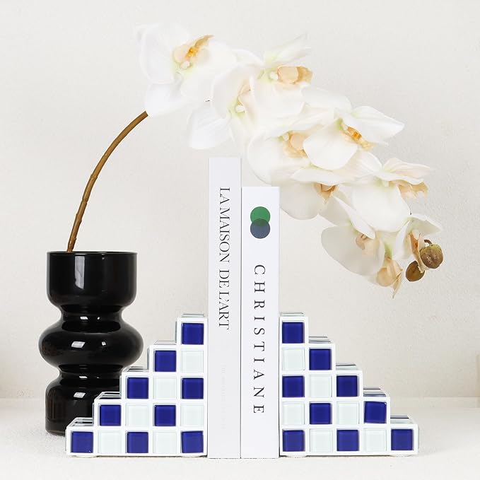 Decorative Bookends for Shelves - Stair Book Ends for Heavy Books - Unique Book Stopper & Holder for Shelves - Modern Home Decor Aesthetic Bookshelf Decor (Blue & White)