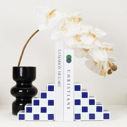 Decorative Bookends for Shelves - Stair Book Ends for Heavy Books - Unique Book Stopper & Holder for Shelves - Modern Home Decor Aesthetic Bookshelf Decor (Blue & White)