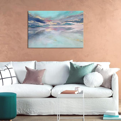 Goldfoilart Beach Abstract Wall Art Teal Green and Gold Decor Ocean Canvas Pictures Painting Framed Artwork for Living Room Bedroom Office Decorations 36"x24"