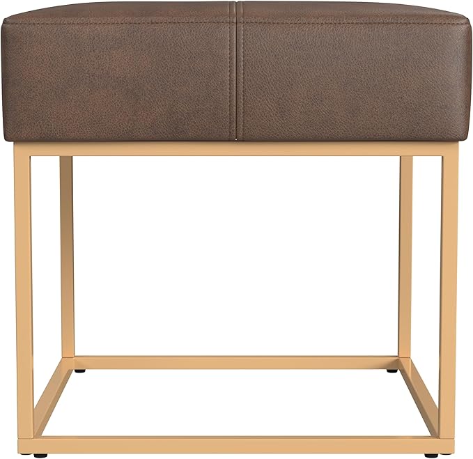 Homepop Decorative Small Square Gold Metal Ottoman | Ottoman Stool for Living Room & Bedroom | Decorative Home Furniture (Brown Faux Leather)