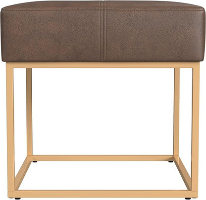 Homepop Decorative Small Square Gold Metal Ottoman | Ottoman Stool for Living Room & Bedroom | Decorative Home Furniture (Brown Faux Leather)
