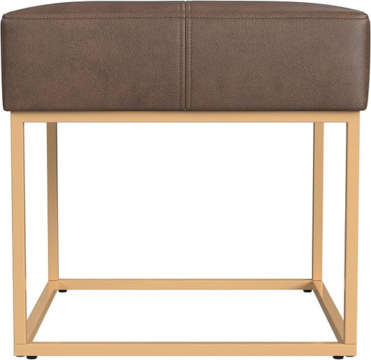 Homepop Decorative Small Square Gold Metal Ottoman | Ottoman Stool for Living Room & Bedroom | Decorative Home Furniture (Brown Faux Leather)