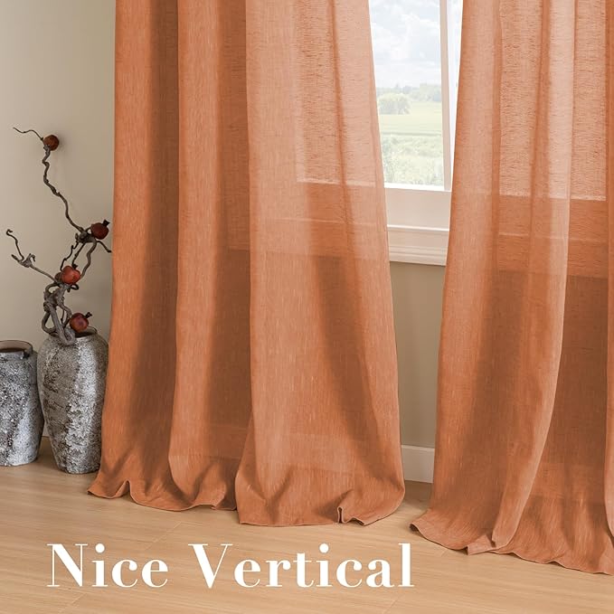 H.VERSAILTEX Linen Curtains Natural Linen Blended Curtain for Living Room/Light Reducing Linen Semi Sheer Curtains 2 Panels Set Nickel Grommet Window Panels (52x108 Inch, Orange)