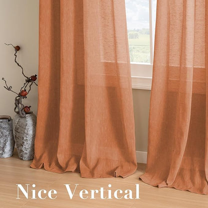 H.VERSAILTEX Linen Curtains Natural Linen Blended Curtain for Living Room/Light Reducing Linen Semi Sheer Curtains 2 Panels Set Nickel Grommet Window Panels (52x108 Inch, Orange)