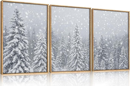 Winter Snow Covered Forest Framed Canvas Wall Art Set,Snowy Woodland Wall Decor,Wilderness Pine Tree Art Prints,Natural Botanical Landscape Artwork for Living Room, Bedroom,Farmhouse- 16"x24"x3