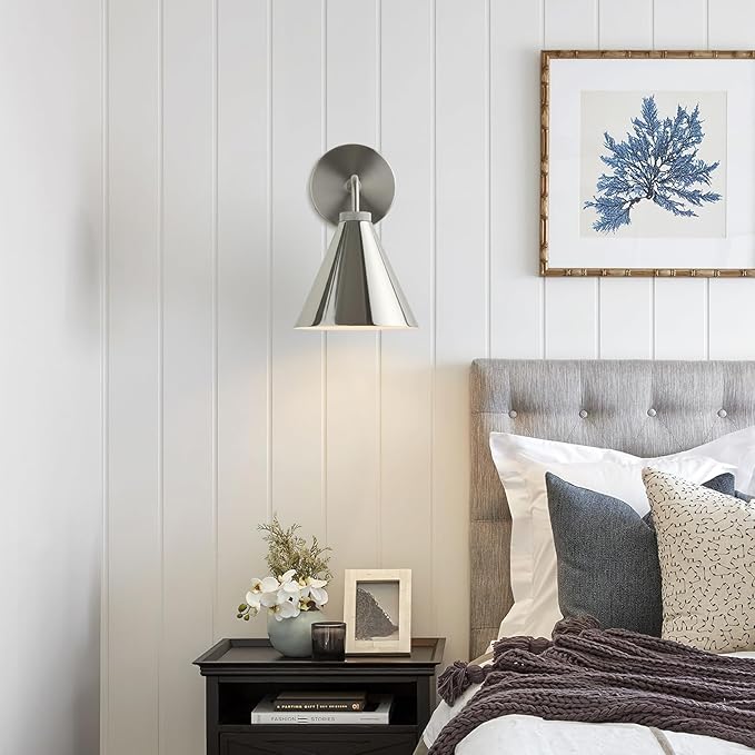 Retro Industrial Metal Cone Wall Light - Vintage Inspired Modern Silver Wall Sconce with Metal Shade, Wall Mount Lighting for Bedroom, Hallway, Living Room (10.5“W x 10.5" L x 12.5" H Silvery)