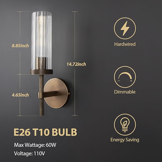 15" Knurled Brass Wall Sconces Set of 2, Bronze Bathroom Vanity Light Fixtures with Vertical Striped Glass Tube, Modern Lamp Lighting for Bedroom, Living Room, Hallway, Staircase, Mirror, Kitchen